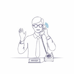 Professional businessman manager providing excellent customer service support, talking on a retro telephone and waving hello in a line art drawing