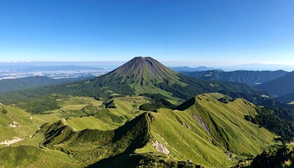 Volcanic landscape with lush green hills