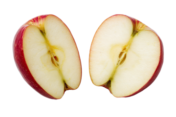 Two halves of a red apple, sliced in half, showing the core