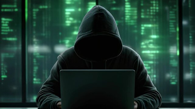 Mysterious Figure in Hoodie Working on Laptop in Dark Environment