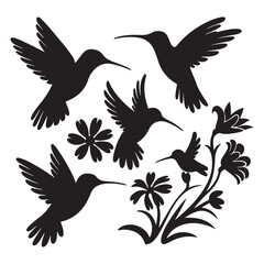 Hummingbird Silhouette Vector Set, Flying Birds with Flowers Clipart, Elegant Primate Design for Nature and Decoration