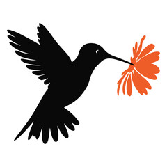 Single Hummingbird Silhouette Vector, Flying Bird with Flower Clipart, Elegant Tropical Design for Nature and Decoration