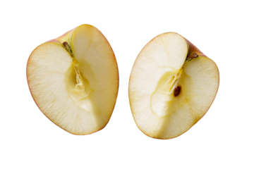 Two halves of a pale-red apple, sliced lengthwise.  The flesh is a pale yellow-white, and the core is visible, with seeds and a brown speck.  Sharp focus on the slices against a black background