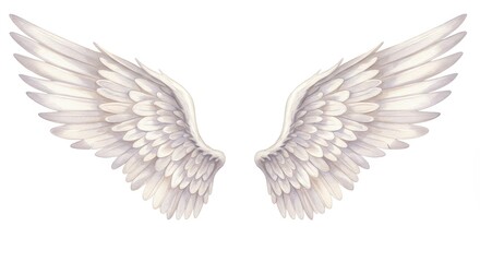 Obraz premium Angelic Wings Illustration: White Feather Wings on White Background - Illustrative of a pair of pristine white angel wings, symbolizing purity, freedom, spirituality, protection, and hope.