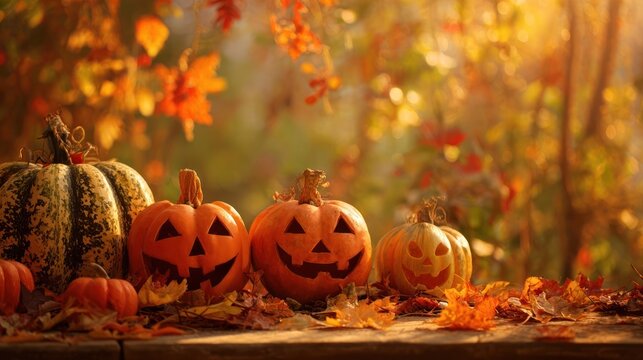 Autumnal scene with carved jack-o'-lanterns and gourds on a wooden surface, surrounded by fallen leaves in warm sunlight