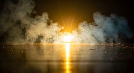 Obraz premium A dramatic scene featuring a bright light source obscured by smoke and reflective surface below it all