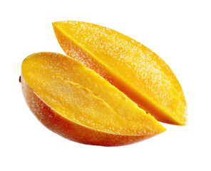 Two halves of a ripe mango, cut cleanly.  The flesh is a vibrant yellow, with a slightly frosted appearance