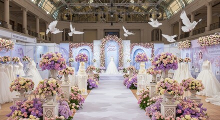 Elegant Wedding Bridal Fair Display - Stunning wedding dress display at a bridal fair, featuring floral arrangements, doves, and a beautiful runway
