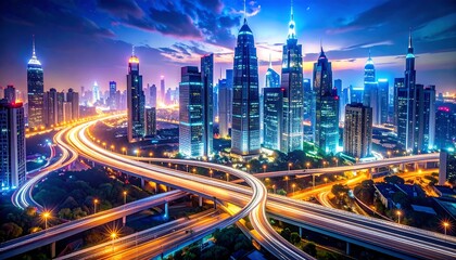 Fototapeta premium Cityscape at twilight with illuminated roads