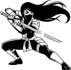 Powerful woman ninja vector illustration with a sword in a dynamic pose. Black and white graphic art of a female warrior ready for action in a martial arts style. © Munna_SH