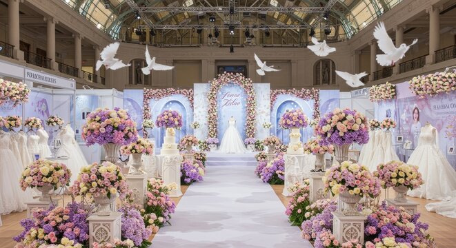 Elegant Wedding Bridal Fair Display - Stunning wedding dress display at a bridal fair, featuring floral arrangements, doves, and a beautiful runway