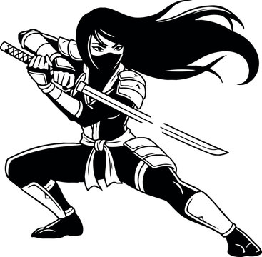 Powerful woman ninja vector illustration with a sword in a dynamic pose. Black and white graphic art of a female warrior ready for action in a martial arts style.