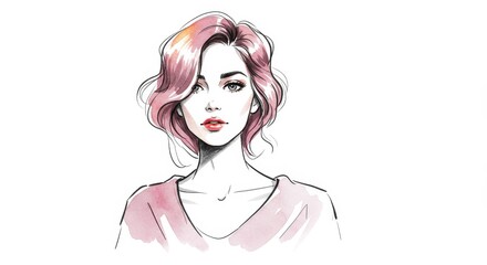 Elegant Woman with Pink Hair - A stylish illustration of a woman with pink bob haircut, wearing a mauve top, against a white background