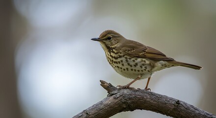 Fototapeta premium A Song Thrush Perched on a Branch in the Woods.