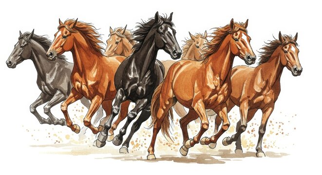 Herd of Horses in Motion - A stunning illustration of seven horses running freely, showcasing their powerful gait and vibrant coats. Perfect for equestrian themes