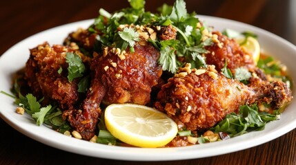 Fototapeta premium Crispy fried chicken drumsticks with a peanut sauce. Topped with fresh cilantro and peanuts, served with lemon wedges