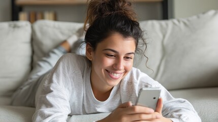 happy 20s young woman watching social media videos looking at smartphone relaxing on couch smiling hispanic girl enjoying using online mobile apps doing online shopping on cell phone at home no logos