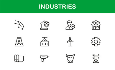 Industries Line Icon Set – Professional Modern Vector Collection for Business, Factory, and Technology Minimal Outline Symbols