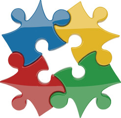 Obraz premium Four colorful puzzle pieces interlocked in a circular pattern, representing teamwork and connection.