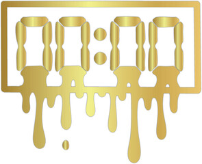 Shiny golden melting digital clock with dripping metallic numbers, blending luxury and surreal design for modern art, fashion, and creative projects.