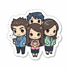 A charming illustration of a diverse and dynamic business team working together, showcasing modern professional collaboration in a cute chibi art style