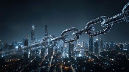 a city skyline at night with a digital chain stretched across buildings symbolizing connected infrastructure and secure smart cities