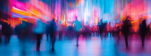 Anonymous people walk through a busy neon urban street at night, creating motion blur for dynamic city nightlife background.