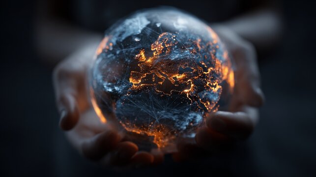 Hands Holding Digital Globe with Illuminated Countries and Network Connections