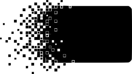 Black rectangular shape dissolving into scattered pixels on a white background depicting disintegration 