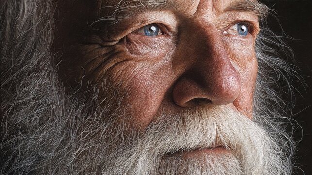 the wisdom in his eyes a closeup portrait of a senior man with a white beard and thoughtful eyes gazing at the distance with a serene expression