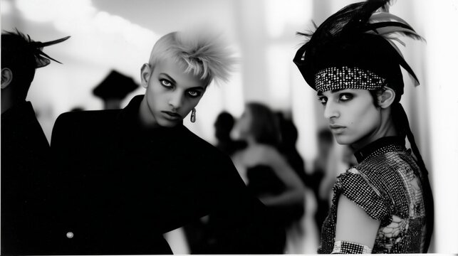 Editorial de moda en blanco y negro: estilo punk andr&oacute;gino con mohawk y tocado de plumas, Moda ochentera andr&oacute;gina: maquillaje dram&aacute;tico y actitud rebelde en pasarel