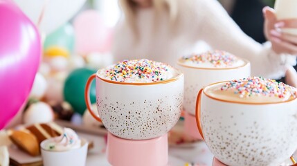 Lively brunch party celebrating a milestone birthday showcasing cappuccinos in fun mugs with colorful sprinkles surrounded by balloons gifts and delicious treats capturing the joy of celebration
