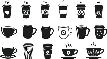 Coffee cup icons, hot coffee mugs, takeaway coffee cups, coffee cup vector, beverage illustration, coffee art, steaming coffee, café drinks, flat vector illustration