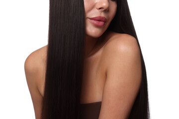 Woman with beautiful smooth hair after lamination procedure on white background, closeup