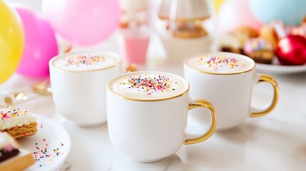 Lively brunch party celebrating a milestone birthday showcasing cappuccinos in fun mugs with colorful sprinkles surrounded by balloons gifts and delicious treats capturing the joy of celebration