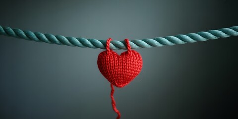 Red knitted heart hanging from a blue rope suggesting themes of love connection and romantic gestures on a simple background