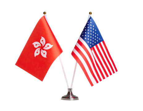Table flag of Hong Kong and United States miniature desk banners national symbols international relationship illustration isolated on white background
