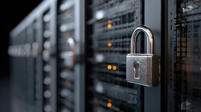 data security padlock on server rack symbolizes network safety and the protection of information