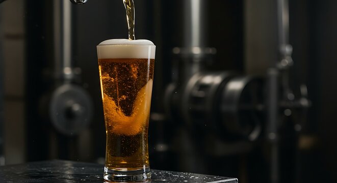 Beer being poured into a glass with foam.
