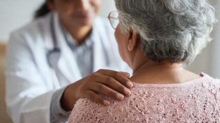 happy young indian doctor therapist in white coat has appointment consulting supporting putting hand on shoulder of older senior female patient in modern clinic hospital medical healthcare concept no