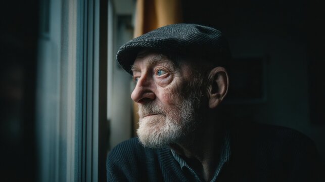 the thoughtful elderly man gazing pensively out of a window
