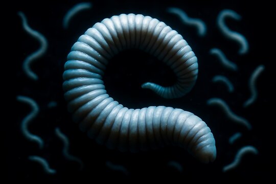 Close up of a segmented worm curled in the dark surrounded by smaller organisms
