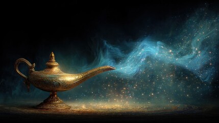 ornate golden magic lamp emitting blue smoke surrounded by glowing particles in a dark mystical environment enchanted atmosphere with ethereal light
