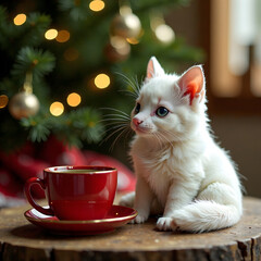 White kitten with red cup beside Christmas tree during holiday season indoors.