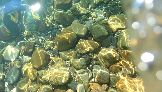 Underwater view of riverbed stones