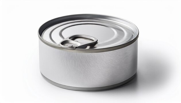 a closed silver tuna can with a pull ring sits isolated on a white background