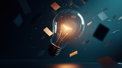 Technology innovation concept glowing lightbulb translucent geometric shapes dark cinematic lighting