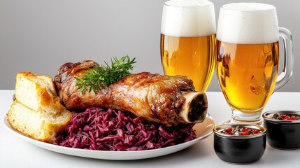 Delicious roasted chicken leg served with red cabbage and mashed potatoes alongside two glasses of frothy beer on a white background