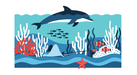 Vibrant underwater scene dolphin school fish coral reef aquatic life vector