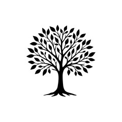 Obraz premium Tree with leaves silhouette icon - Black silhouette of a tree with branches and leaves, symbolizing nature, growth, environment, ecology, and life. 